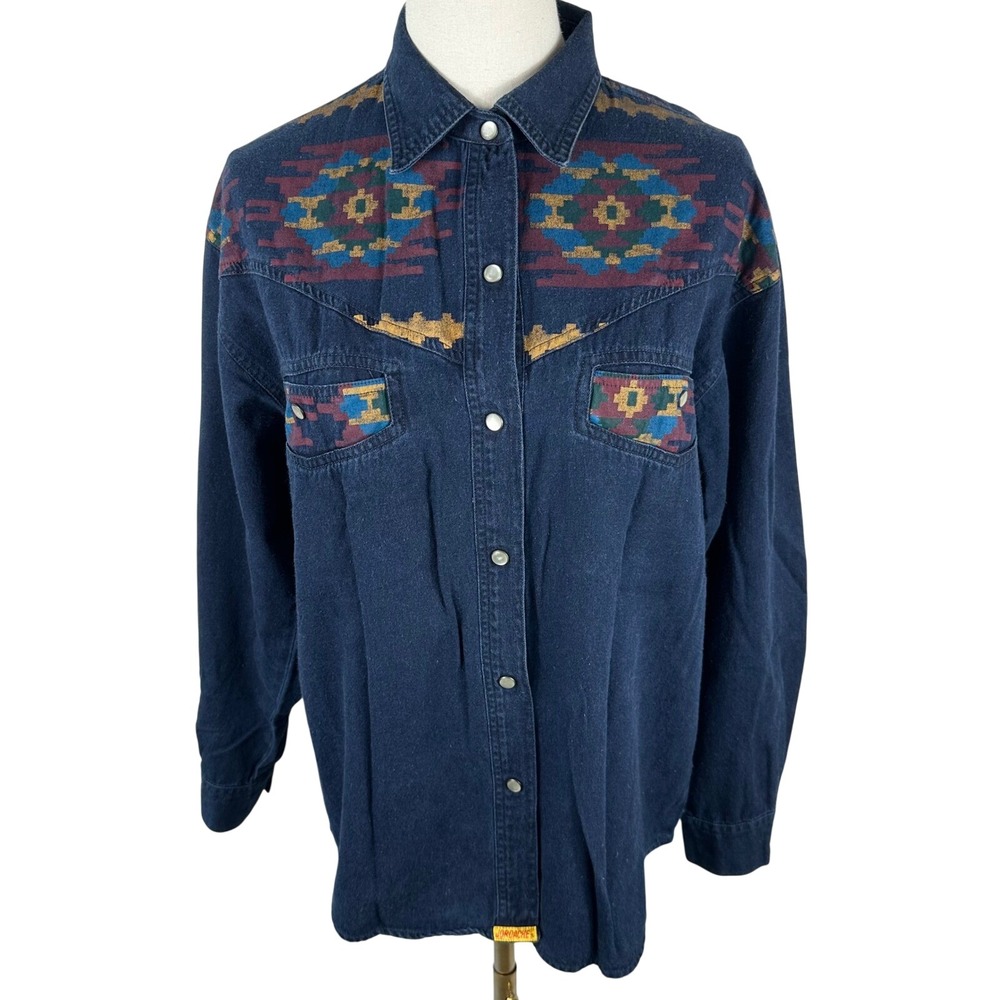 Vtg Jordache Pearl Snap Shirt Womens M Navy Aztec Southwestern Western Button Up